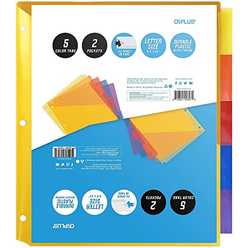 5-Tab Plastic Binder Dividers with 2 Pockets, Insertable Big Tabs for Easy Organization, Durable and Tear-Resistant, Letter Size, 1 Set