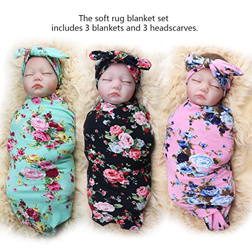 Dreshow 3 Sets Receiving Blanket With Headbands Bqubo Newborn Baby Floral Printed Baby Shower Swaddle Gift #TOP6