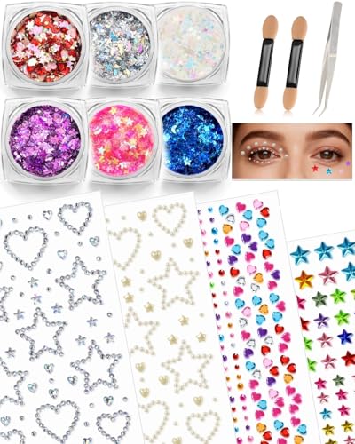 Star Heart Face Glitter Gems Set: 6 Face Body Glitter Gel & 4 Self Adhesive Gem Stickers, Sparkly Rhinestone Stickers Hair Jewels Kit for Women Girls Party Makeup Accessories (Star,Heart)