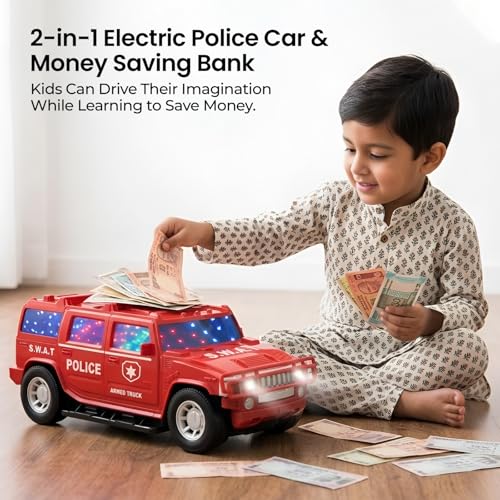 Image of Cable World Dual Function Police Car Piggy Bank for Kids, Electronic ATM Bank Toy, Battery Oprated 3D Light & Music Police Car, Money Savings Box Mini ATM Coin Bank for Boys & Girls Ages 3+
