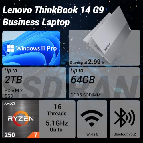 Image of Lenovo ThinkBook 14 AMD Ryzen 7 250 AI Business Laptop, 32GB RAM | 1TB SSD