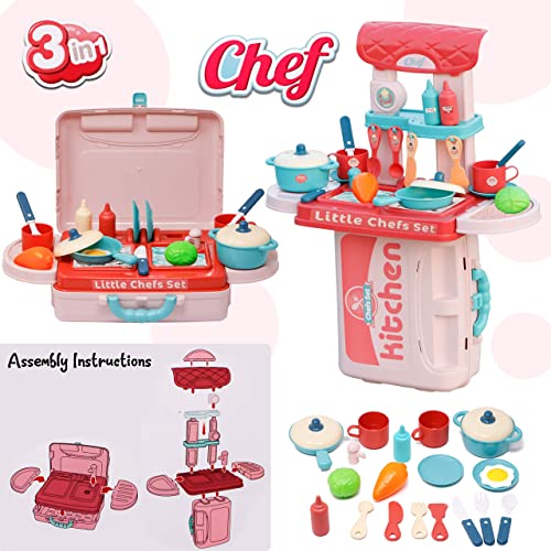 Image of Zest 4 Toyz Kitchen Set for Girls 3-in-1 Portable Suitcase Toy Kitchen Cooking Set with Pots Utensils & Food Toy for Kids (19 Pieces) Role Play Home Game for Girls