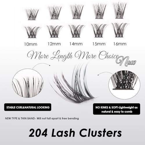 Lash Clusters 204 Pcs Individual Lashes Clusters Eyelash Extensions False Eyelashes DIY Lash Extension Kit Reusable False Eyelashes Natural Look Mix 10-16mm(DM01+DM17)