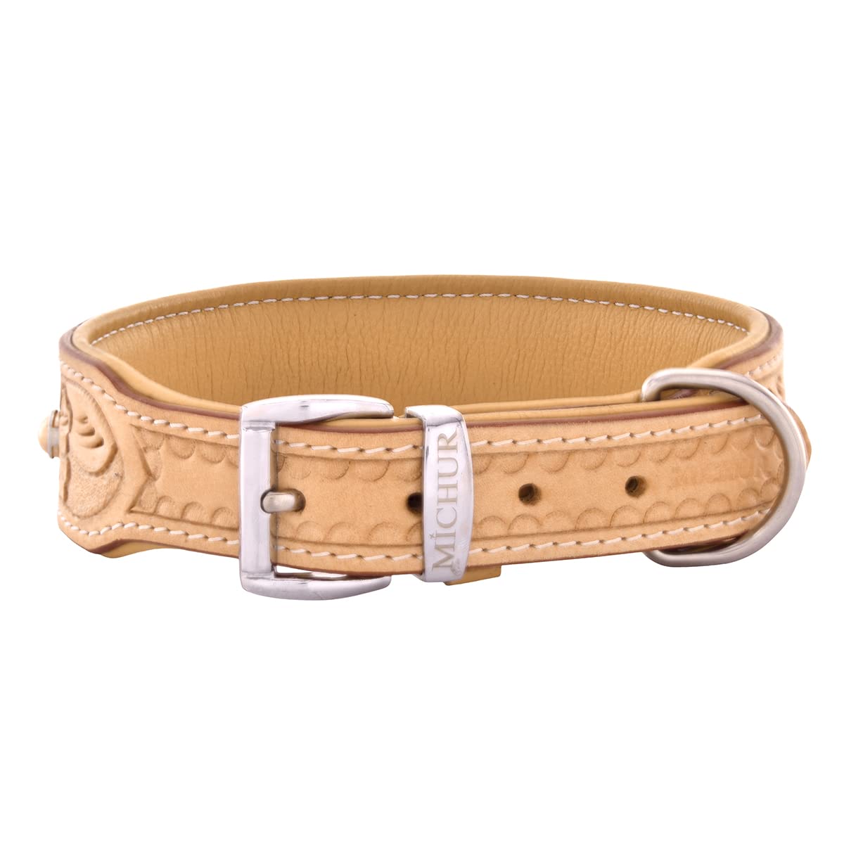 MICHUR Rafael Hundehalsband Leder, Lederhalsband Hund, Halsband, BEIGE, Leder, mit gestanzten Blumenmuster und beigen Steinchen, in verschiedenen Größen erhältlich, Halsumfang 33-38cm | Lederhalsband Hund, Blumenmuster, Beige Halsband, mit beigen Steinche