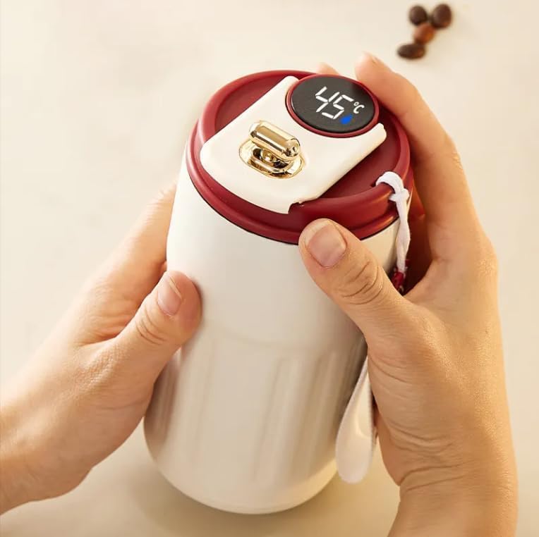 Image of Smart Coffee Mug 410ML, Stainless Steel Thermal Cup with Temperature Display | Leak Proof, Double Wall Vacuum Insulated, Anti-Slip Base, Ideal for Hot & Cold Drinks (Maroon)