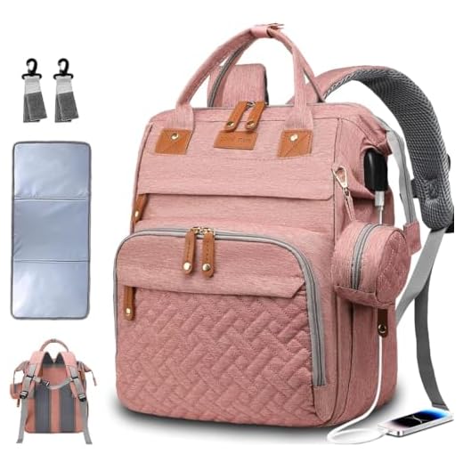 ZentroCart Diaper Bag With Changing Pad, Travel Waterproof Bagpack Diaper Bag For Mom Dad With USB Charging Port, Large Capacity & Multifunctional With Insulated Pacifier Case - Pink