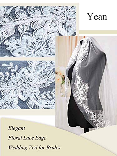 Yean Bride Wedding Veil Ivory Bridal Hair Accessories Waist Veil with Lace Edge and Comb Attached 1 Tier 35 Inches