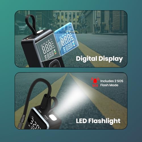 Image of Portronics Vayu 8.0, Digital Rechargeable Tyre Inflator with In-Built Hanging Support, 2x2000mAh Batteries, Auto Shut Off, LED Light, SOS, Pressure Detection, Type-C Charging, for Car /Bike /Ball(Black)