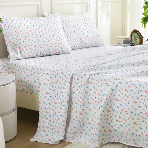 Image of MUXHOMO Queen Size 4 Piece Sheet Set, Soft & Breathable Sheet for Bedroom with Deep Pocket Up to 16 inch, Wrinkle-Free & Cooling Bed Sheet with Flat Sheet, Fitted Sheet & Pillowcases - Bicolor Floral