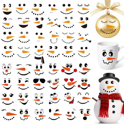 VARACL 48 x Schneemann-Gesichts-Aufkleber, wasserdicht, Schneemann-Gesichtsaufkleber für Weihnachtsdekorationen, Vinyl-Weihnachtsdekorationen für Kugel, Ornament, Wasserflaschen, Fenster, Wand