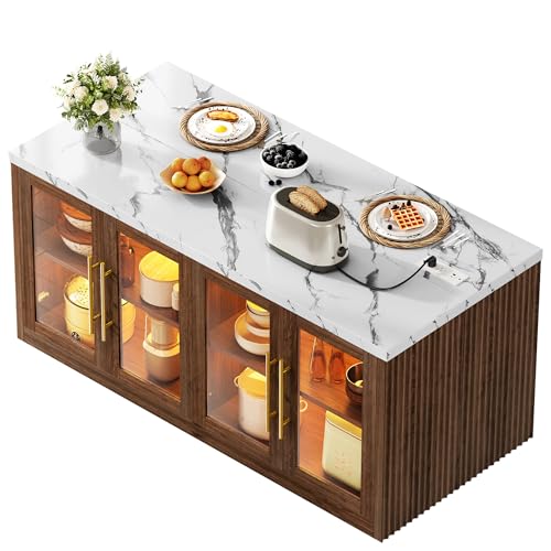 Homiflex Kitchen Island with Storage, 55" W Large Island Table with LED Light for Dining Room, Kitchen Carts on Wheels Breakfast Bar Table w/Power Outlet, Walnut