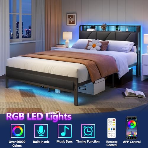 Image of Furnulem Full Size Bed Frame with Headboard and Storage Shelf, LED Light and Charging Station, Metal Platform Bed with Heavy Duty Slats, No Box Spring Needed, Noise Free & Easy Assembly