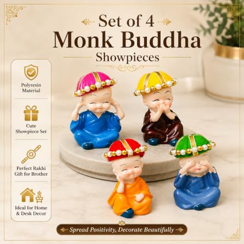 Image of Dreamica Designer Bhaiya Bhabhi Rakhi Set, Monk Buddha Showpiece Set,2 Fridge Magnet, Greeting Card and Tilak Set | Best Rakhi Gift for Brother