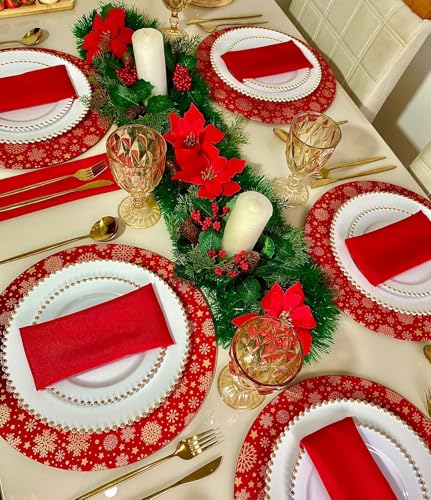 Kit 18 Peças: 06 Capas de Sousplat + 06 Guardanapos + 6 MDF Natal Vermelho e Dourado Flocos de Neve