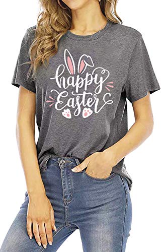 Image of Women Happy Easter T Shirt Bunny Rabbit Graphic T-Shirt Funny Letter Printed Shirts Short Sleeve Tops