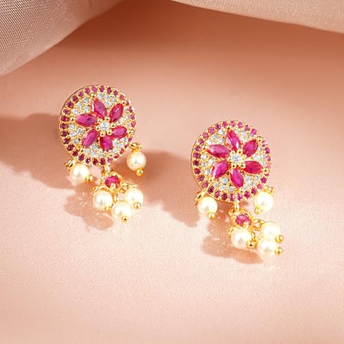 Image of Rubans Pearl Choker Necklace Set Ruby Pink Cubic Zirconia Bridal Wedding Jewellery Gift for Women & Girls
