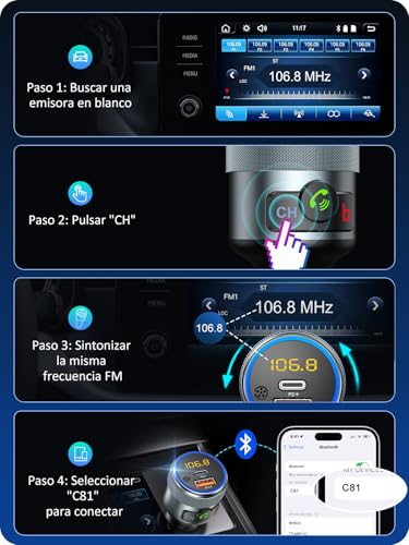 LENCENT Transmisor FM Bluetooth 5.1, Manos Libres Reproductor Música Coche, Deep Bass Sonido Hi-Fi, Adaptador Radio Bluetooth con PD 20W y Carga Rápida QC3.0 18W, Compatible con Llamadas Manos Libres - imagen 7