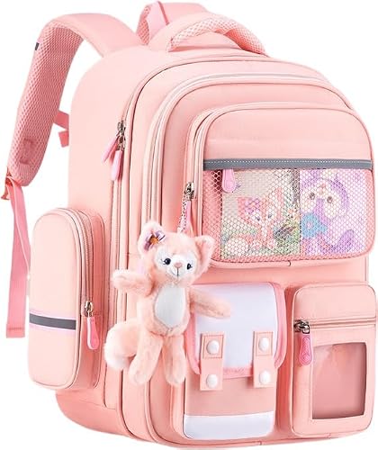 Schoolbag Boys and girls primary school children 5-11 years old ridge protection load reduction large capacity bag (Pink)