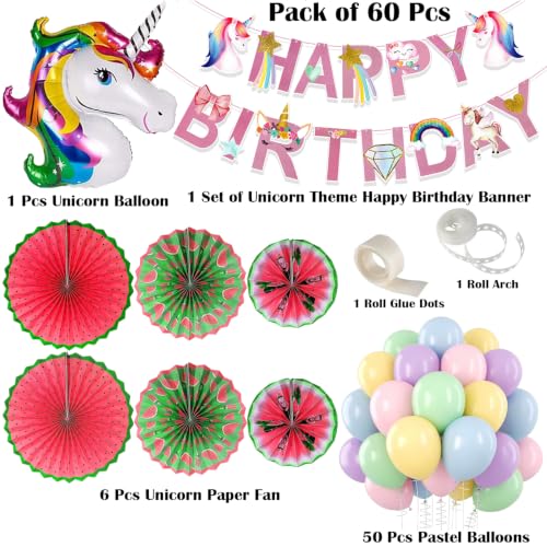 Image of Rozi Decoration Unicorn Theme Birthday Decoration Kit | 60 Pcs Set with Unicorn Balloon, Pastel Balloons, Paper Fans, Happy Birthday Banner (Paper Cardstock), Glue Dots & Arch Roll
