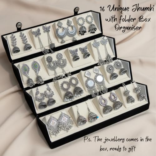 Image of Oxidised Silver Jhumki Earrings Gift Hamper | Set of 16 Traditional Jhumkas with Folder-Style Jewellery Organizer | Ethnic Earrings Combo for Women & Girls | Perfect for Festive & Wedding Gifting