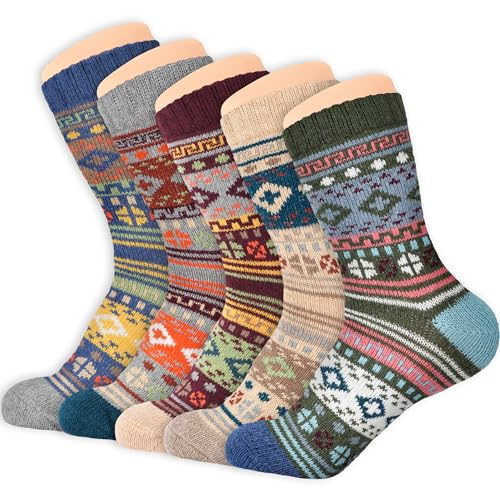 Image of LOCONHA Womens Wool Socks 5 Pairs Winter Warm Sock Thick Knit Cabin Cozy Crew Soft Socks Gifts for Women