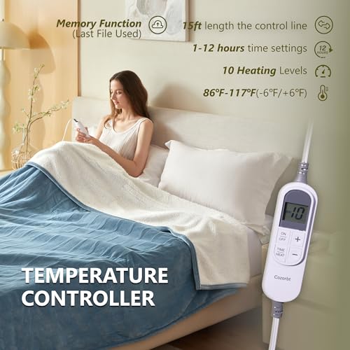 Heat Blanket 62”x84” Twin Size,Soft Flannel & Sherpa Reversible Electric Blanket with 10 Heat Settings,12 Timer Setting and 8 Hours Auto-Shut Off,ETL Certified Machine Washable,Light Blue