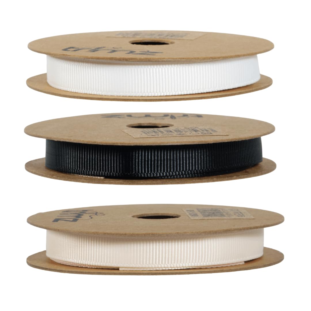 Trimz Grosgrain Ribbon Monochrome Mix - White, Black, Ivory, 15mm x 5m Reels - White, Black, Ivory