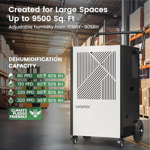 Image of Waykar 155 Pints Commercial Dehumidifier with Pump, Drain Hose and Washable Filter Space up to 8000 Sq. Ft, for Basements, Industrial or Commercial Spaces - 5 Year Quality Coverage