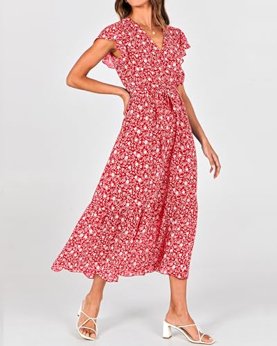 Image of BTFBM Women Summer Bohemian Floral Casual Wrap V Neck Ruffle Cap Sleeveless Belt A-Line Pleated Hem Midi Sun Dress White