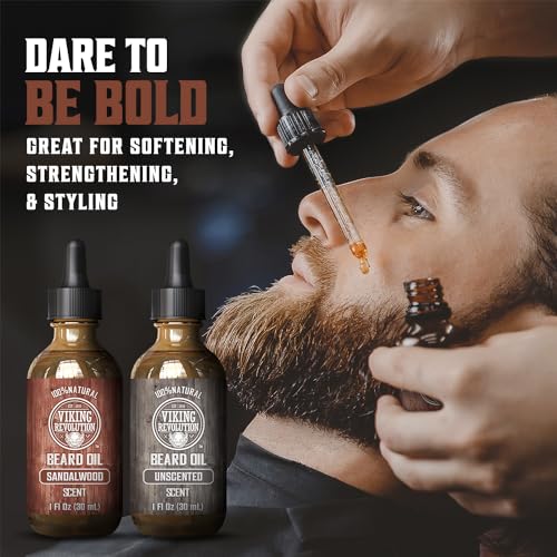 Image of Viking Revolution Beard Oil - Sandalwood & Unscented - 1 fl oz (2 Pack) | 100% Natural Ingredients - Formulated with Argan Oil & Jojoba Oil - Softens Rough Hair & Hydrates Skin - 2 Variety Scents