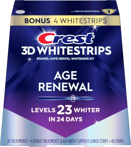 Image of Crest 3D Whitestrips Age Renewal - Teeth Whitening Kit, 24 Treatments (20 + 4 Bonus), Each with 1 Upper /1Lower, 48 Strips - Crest 3DWhite Teeth Whitening Strips (Pack of 8)