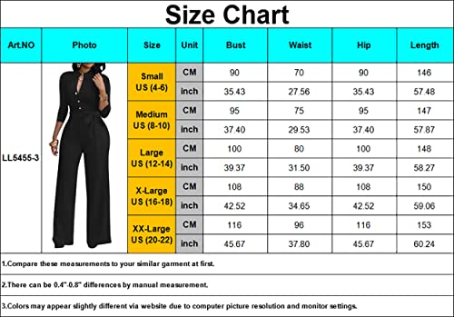 Sexy 3/4 Sleeve Jumpsuit for Women V Neck High Waisted Long Wide Leg Pant Button Down Party Romper with Belt - Image 4