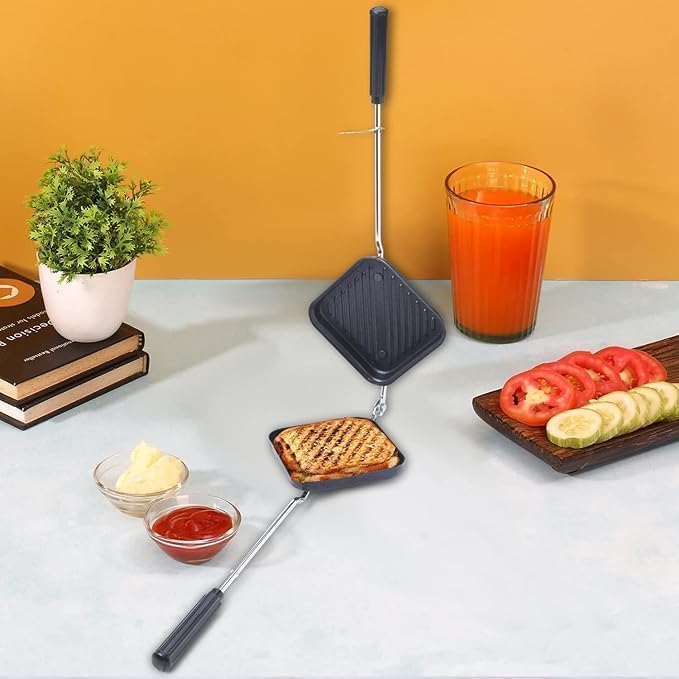 Image of Non-Stick Sandwich Toaster for Gas Stove | Grill & Toast Sandwiches in Minutes | Double-Coated Non-Stick | Durable & Easy to Use | Black Sandwich Maker | Heavy-Duty Cast Aluminum Body | (Grill)