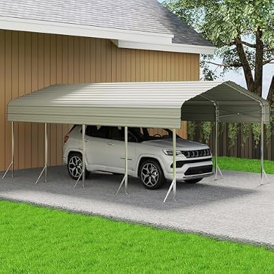 12x20ft Heavy Duty Metal Carport – Outdoor Galvanized Garage, Sturdy Structure, All-Weather Protection, Easy Assembly for Cars, Trucks, Boats, Tractors, and Outdoor Storage (Beige, 12x20FT)