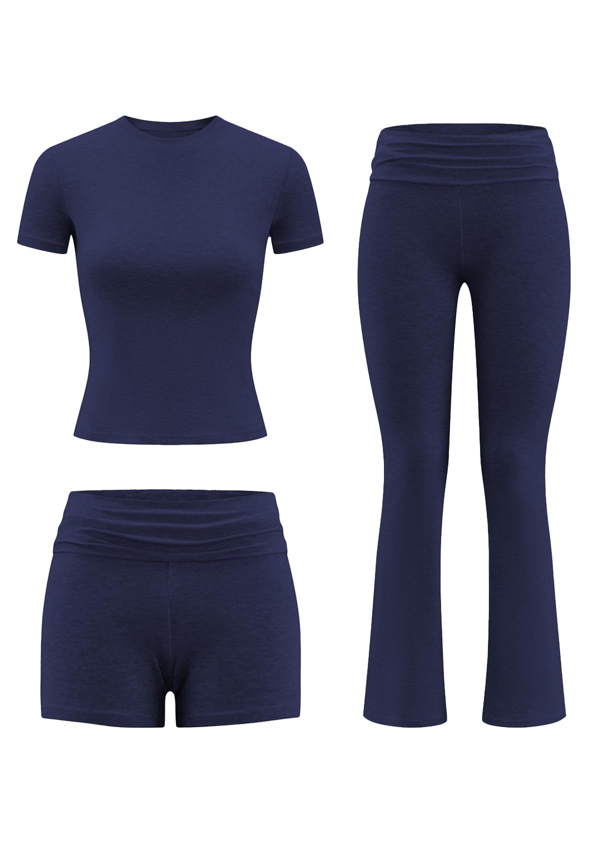 ZFLM Fashion and Casual Women's 3-Piece Set Short Sleeved High Waist Folded Shorts Bellbottom Pants Sports Set