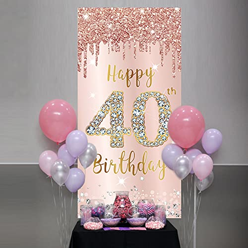 Image of 40th Birthday Door Banner Decorations for Women, Pink Rose Gold Happy 40th Birthday Door Cover Party Supplies, Large Forty Year Old Birthday Poster Backdrop Sign Decor