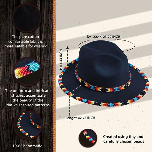 Native American Handmade Fedora Hats with Hatband Beaded Brim from Beads Boho Native Beaded Hat for Men Woman Style Black Dusk Pattern - Image 8