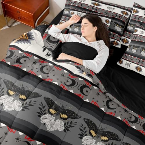 Image of Erosebridal Longhorn Cow Skull Comforter Set 7 Piece Bed in a Bag Twin | Southwestern Decor Boho Moth Bedding Sets Geometric Aztec Western Comforter and Sheet Set, Sun and Moon Bohemian Bed Sets,Grey
