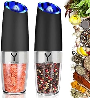 YAYAYOUNG Gravity Electric Grinder set of 2,Automatic Pepper and Salt Mill Grinder with Blue LED LIGHT,Electric Pepper Mill with Adjustable Coarseness,Refillable,salt and pepper shaker,pepper grinder