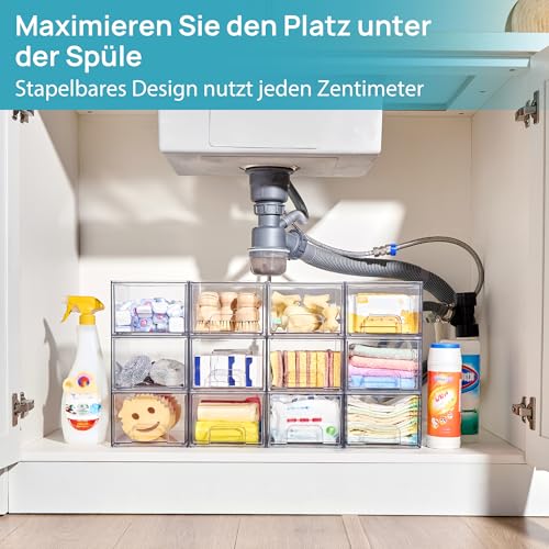 4 Stackable Storage Drawers, Acrylic Organiser with 32 Non-slip Mat