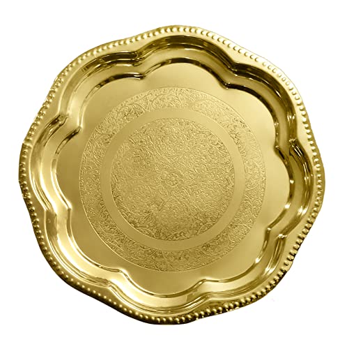 SATVIK 12 Inch Handmade Brass Puja Plate with Floral Embossed