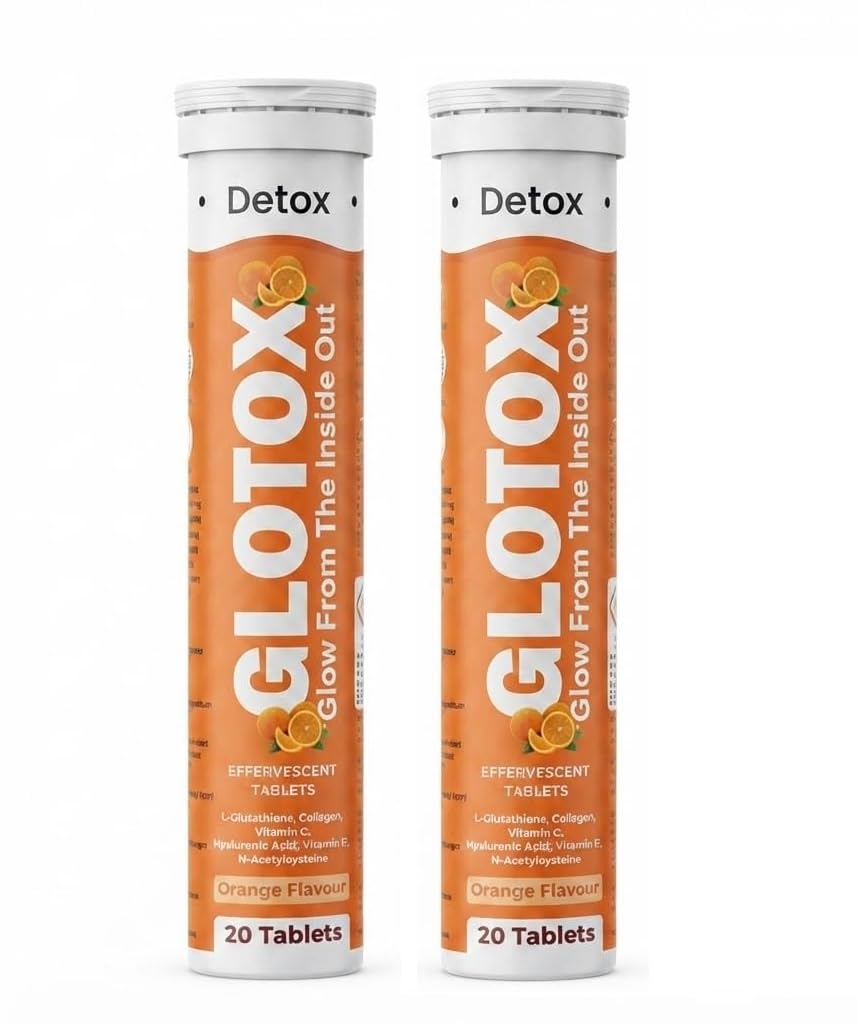 GLOTOX L Glutathione 500 mg Effervescent Tablets | Collagen 500 mg | Vitamin C | Hyaluronic Acid | Vitamin E | NAC | Orange Flavour | Dietary Supplement | 20 Tablets Each Pack of 2
