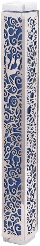 Yair Emanuel Lasercut Pomegranate Mezuzah - Blue with Silver Overlay