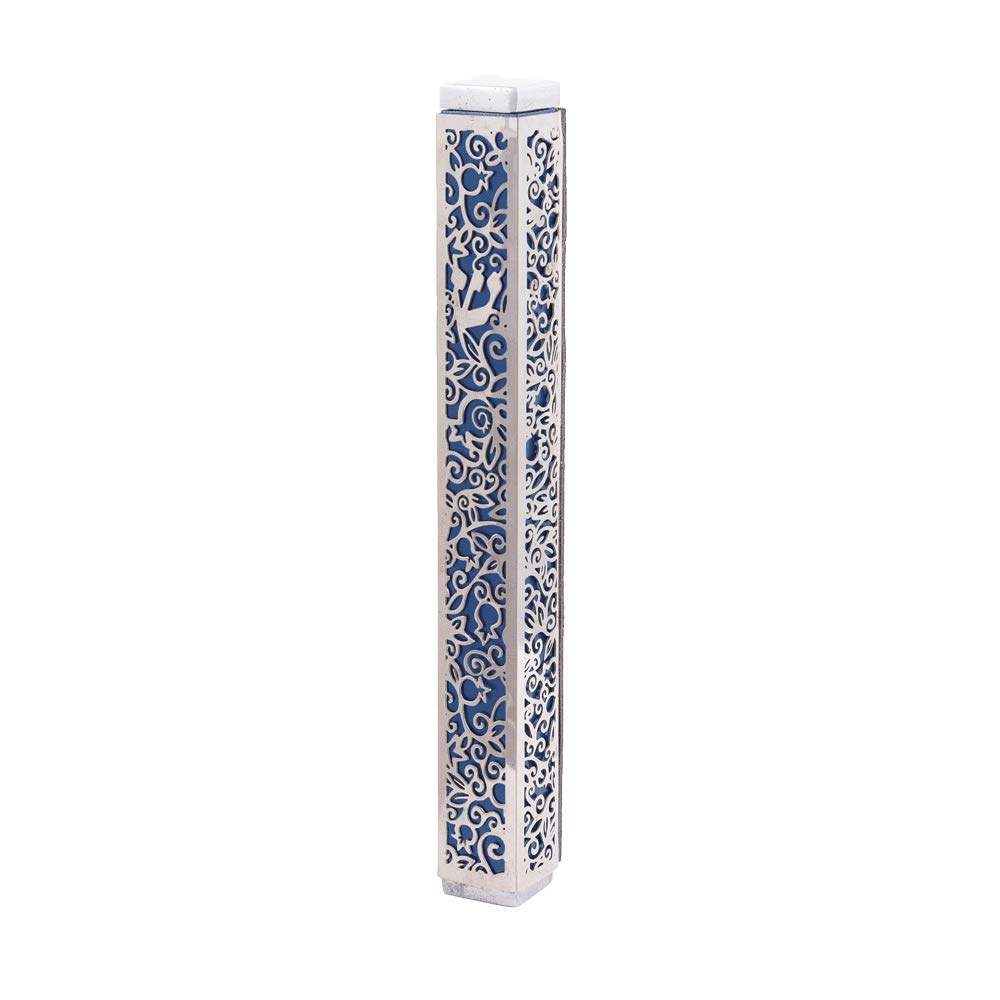 Yair Emanuel Lasercut Pomegranate Mezuzah - Blue with Silver Overlay