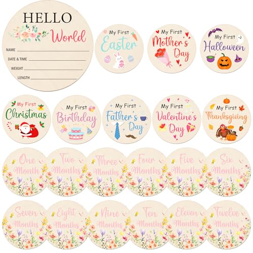 Image of Deorfuy Wildflower Monthly Baby Milestone Signs, 11PCS Wooden My First Holiday Milestone Cards Newborn Halloween Christmas Gift, Baby Announcement and Hello World Newborn Sign