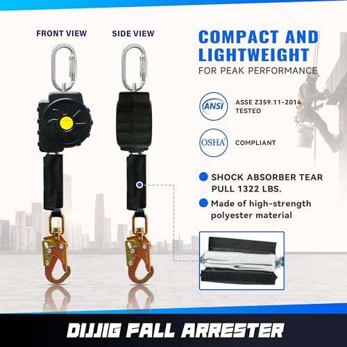 Image of DIJJIG 11FT Fall Protection Retractable Lanyard - Heavy Duty SRL Fall Arrest System, Industrial Safety Lanyard for Roofing & Construction Positioning, ANSI /OSHA Compliant Lifeline(Small Hook)