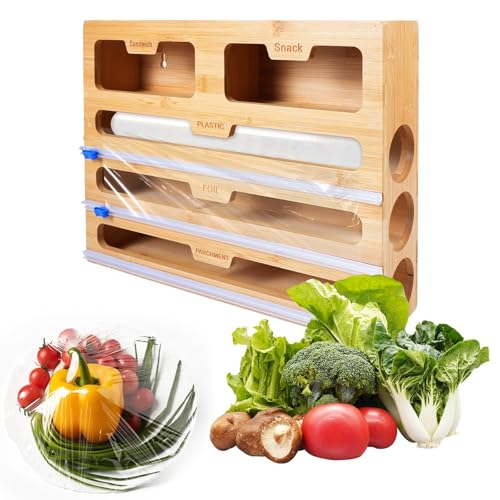 GREENSAPPIRE 5-in-1 Bambus Folienspender mit Cutter | 5 Steckplätze für Aluminiumfolie Frischhaltefolie Backpapier & Gefrierbeutel | Küchen Aufbewahrungsbox für Schublade & Arbeitsplatte