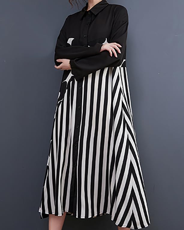 Image of ellazhu Womens Fall Casual Patchwork Funky Long Sleeve Designer Dress Loose Blouse GY2787 A