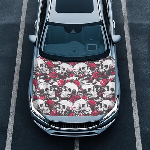 Image of Car Hood Cover, Car Bonnet Banner, Universal Fit, Elastic Polyester, Stretchable, Red Rose Skull Waterproof Automotive Hood Covers