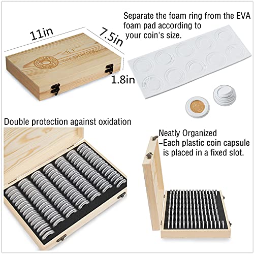 Caja de madera con 100 cápsulas plásticas para monedas 30mm miniatura 7